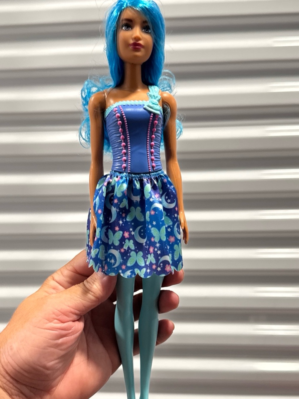 Barbie fairytale Blue-Teal Hair Doll in Moon & Butterfly Print Dress